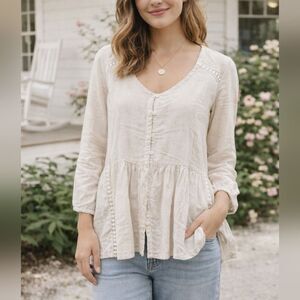 Calligraphie Linen Blend Peplum Blouse NWOT Size M Cottagecore Vibes Boho Artsy